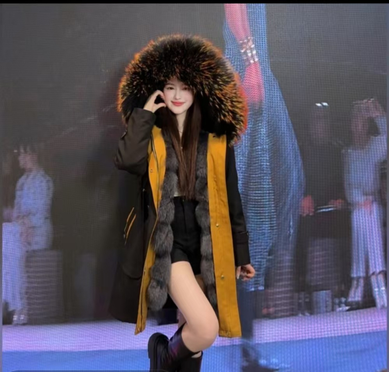 Women's Fur Parka with Detachable Fox Fur Lining and Large Raccoon Fur Collar