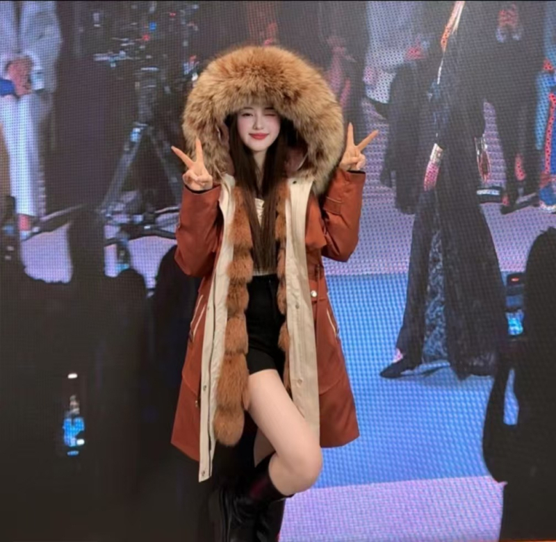 Women's Fur Parka with Detachable Fox Fur Lining and Large Raccoon Fur Collar
