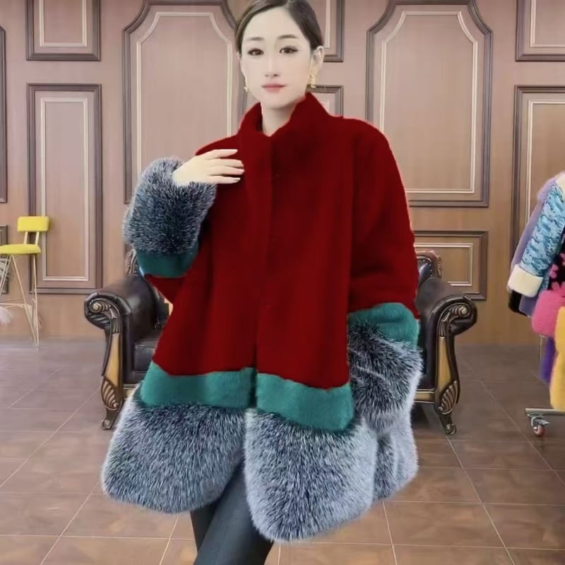 Női műszőrme kabát – középhosszú, álló gallér, hosszú ujjú, nyugati stílus, őszi 2025