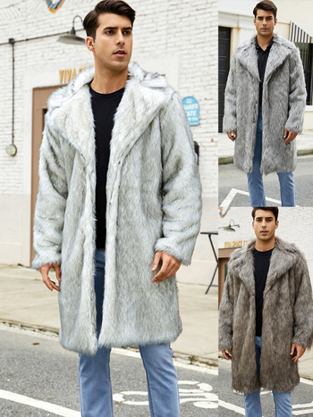 Мъжко палто от изкуствен косъм, средна дължина 65–80 см, дълги ръкави, кръгло деколте, стил на работно облекло