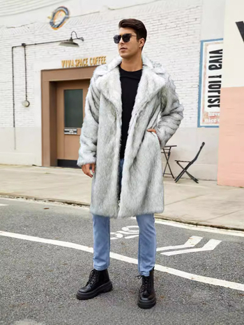 Мъжко палто от изкуствен косъм, средна дължина 65–80 см, дълги ръкави, кръгло деколте, стил на работно облекло