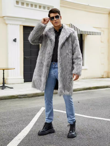 Мъжко палто от изкуствен косъм, средна дължина 65–80 см, дълги ръкави, кръгло деколте, стил на работно облекло