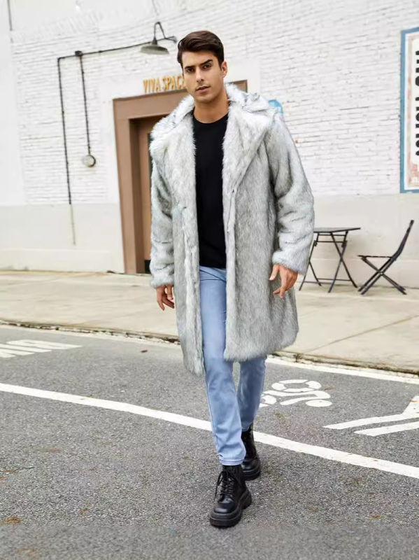 Мъжко палто от изкуствен косъм, средна дължина 65–80 см, дълги ръкави, кръгло деколте, стил на работно облекло