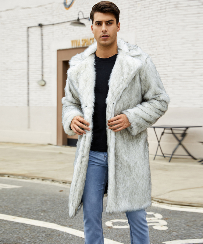 Мъжко палто от изкуствен косъм, средна дължина 65–80 см, дълги ръкави, кръгло деколте, стил на работно облекло