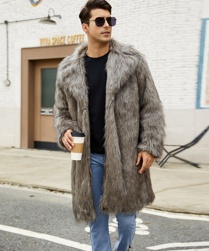 Мъжко палто от изкуствен косъм, средна дължина 65–80 см, дълги ръкави, кръгло деколте, стил на работно облекло