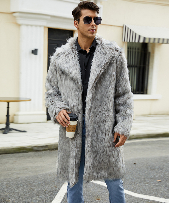 Мъжко палто от изкуствен косъм, средна дължина 65–80 см, дълги ръкави, кръгло деколте, стил на работно облекло