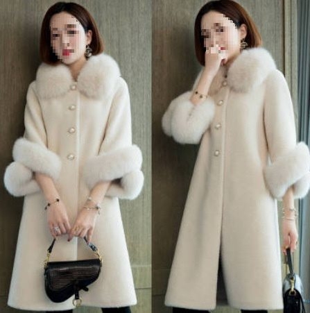 Женско палто от изкуствена козина с яка от изкуствена лисица, средна дължина, дълги ръкави