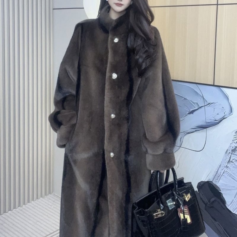 Палто от заешки пух за жени, средно дълго, голям ревер, ръкав тип принцеса, без пухена яка