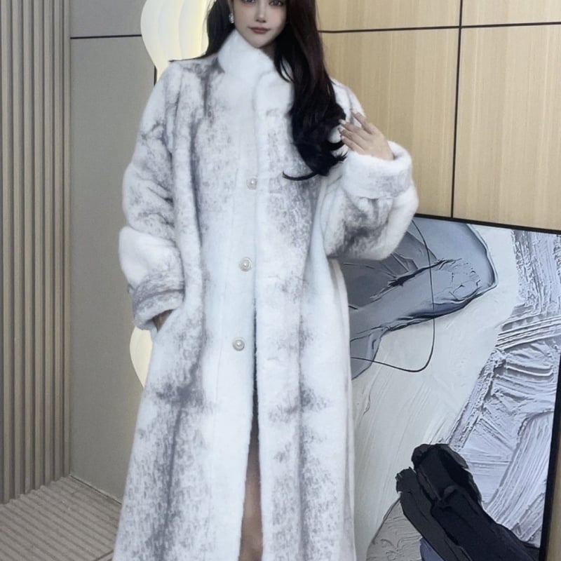 Палто от заешки пух за жени, средно дълго, голям ревер, ръкав тип принцеса, без пухена яка