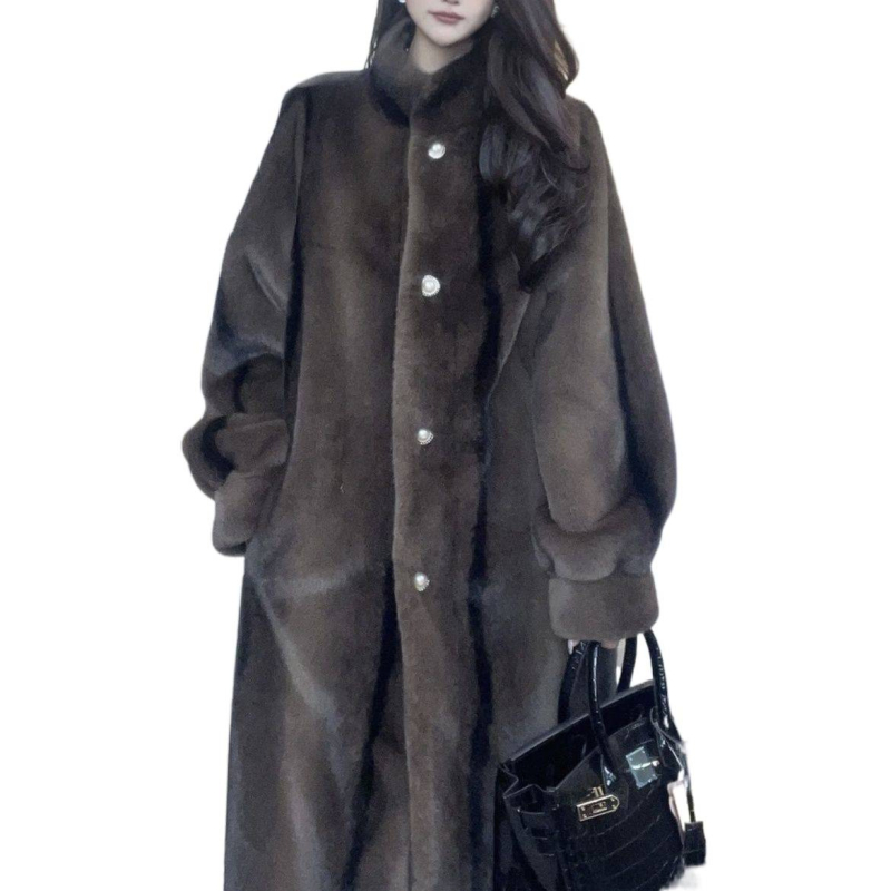 Палто от заешки пух за жени, средно дълго, голям ревер, ръкав тип принцеса, без пухена яка