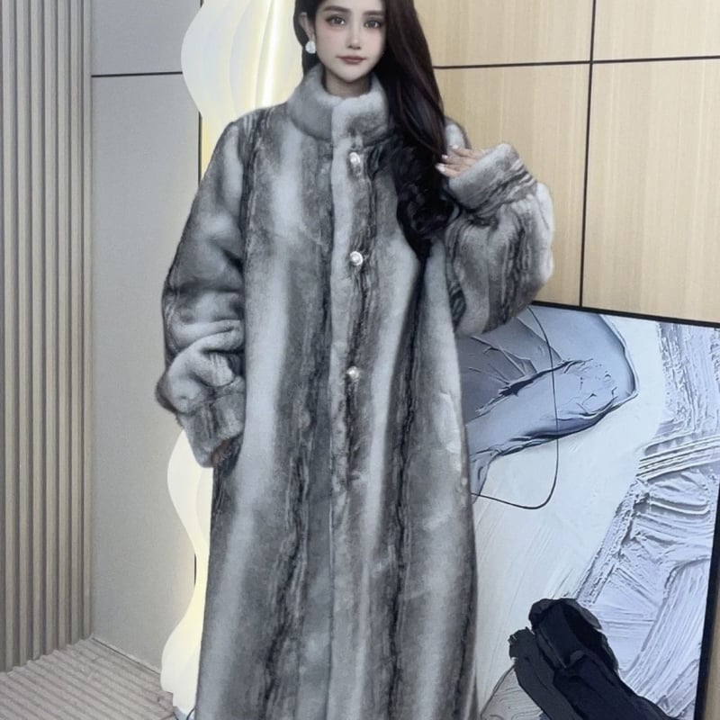 Палто от заешки пух за жени, средно дълго, голям ревер, ръкав тип принцеса, без пухена яка