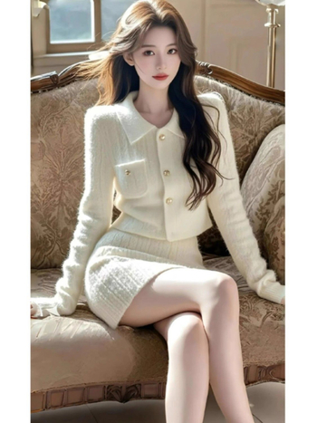 Két darabos készlet: kötött kardigán hosszú ujjakkal nercszőrrel; magas derekú rövid szoknya