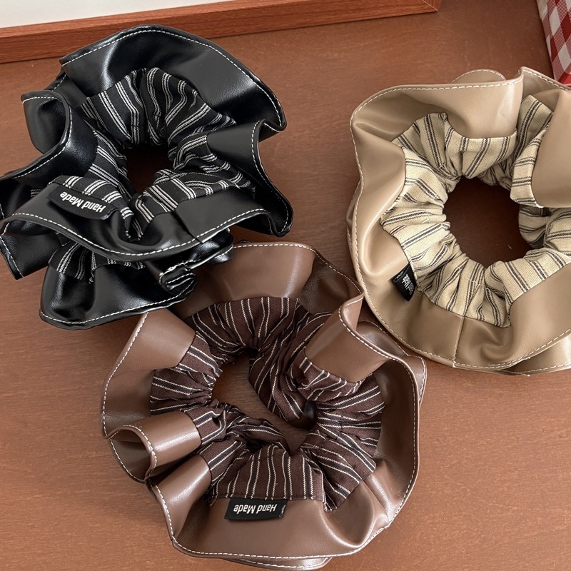 Hajgumi PU bőrrel, kettős rétegű, csíkos dizájn, koreai stílus, nagy rugalmasság, alkalmas alacsony copfhoz