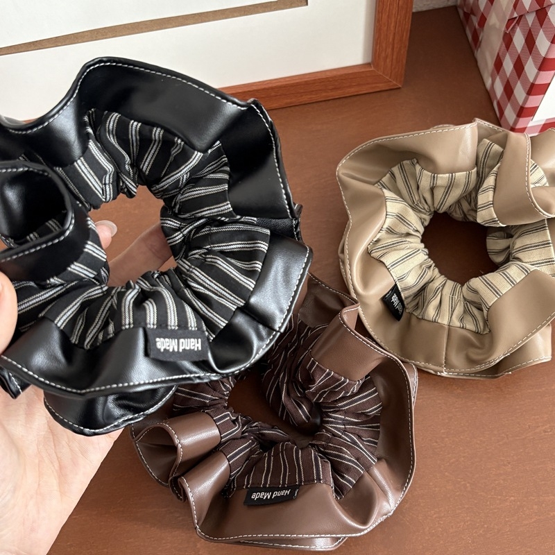 Hajgumi PU bőrrel, kettős rétegű, csíkos dizájn, koreai stílus, nagy rugalmasság, alkalmas alacsony copfhoz