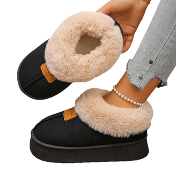 Дамски зимни памучни ботуши, високи, горна част с интегриран пух, гумена подметка, вътрешна облицовка от изкуствен къс плюш, среден ток