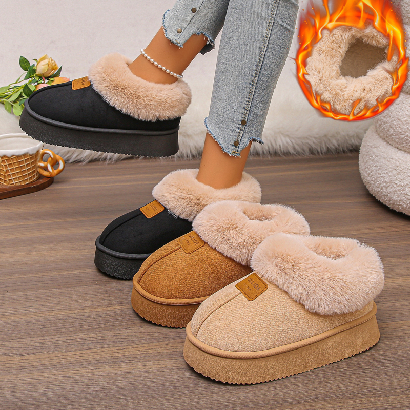 Дамски зимни памучни ботуши, високи, горна част с интегриран пух, гумена подметка, вътрешна облицовка от изкуствен къс плюш, среден ток