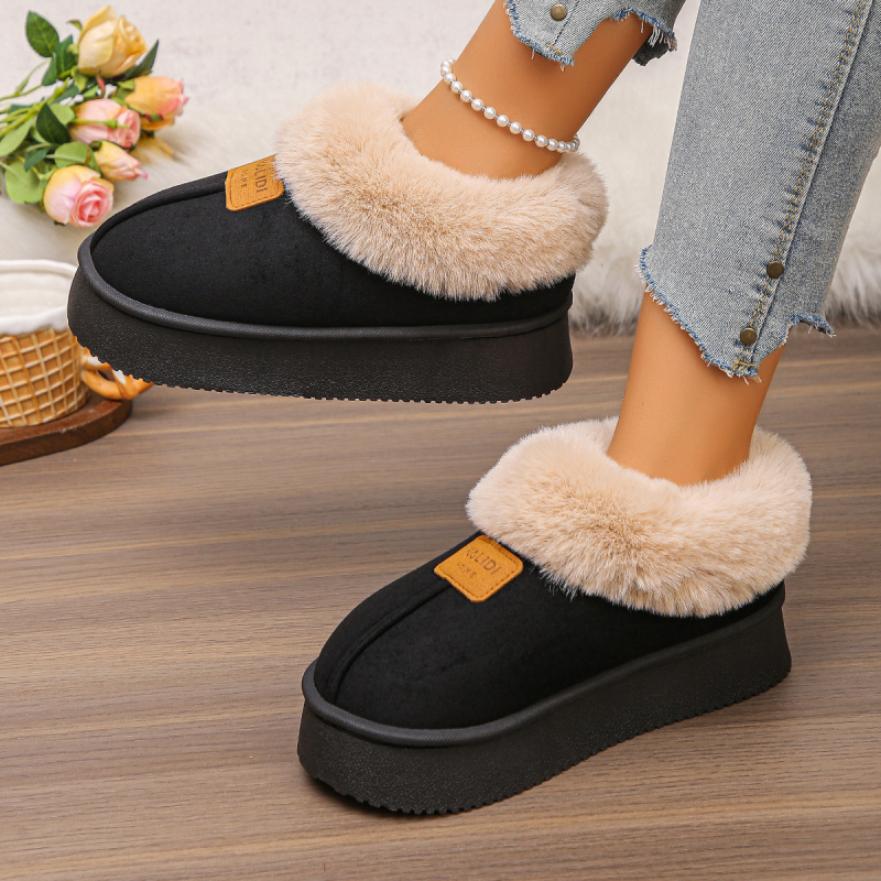 Дамски зимни памучни ботуши, високи, горна част с интегриран пух, гумена подметка, вътрешна облицовка от изкуствен къс плюш, среден ток