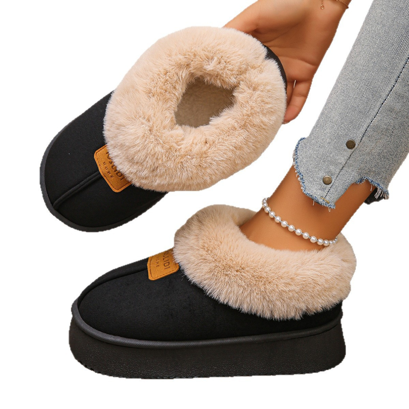 Дамски зимни памучни ботуши, високи, горна част с интегриран пух, гумена подметка, вътрешна облицовка от изкуствен къс плюш, среден ток