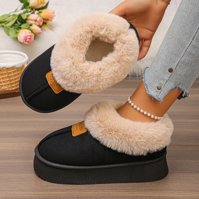 Дамски зимни памучни ботуши, високи, горна част с интегриран пух, гумена подметка, вътрешна облицовка от изкуствен къс плюш, среден ток