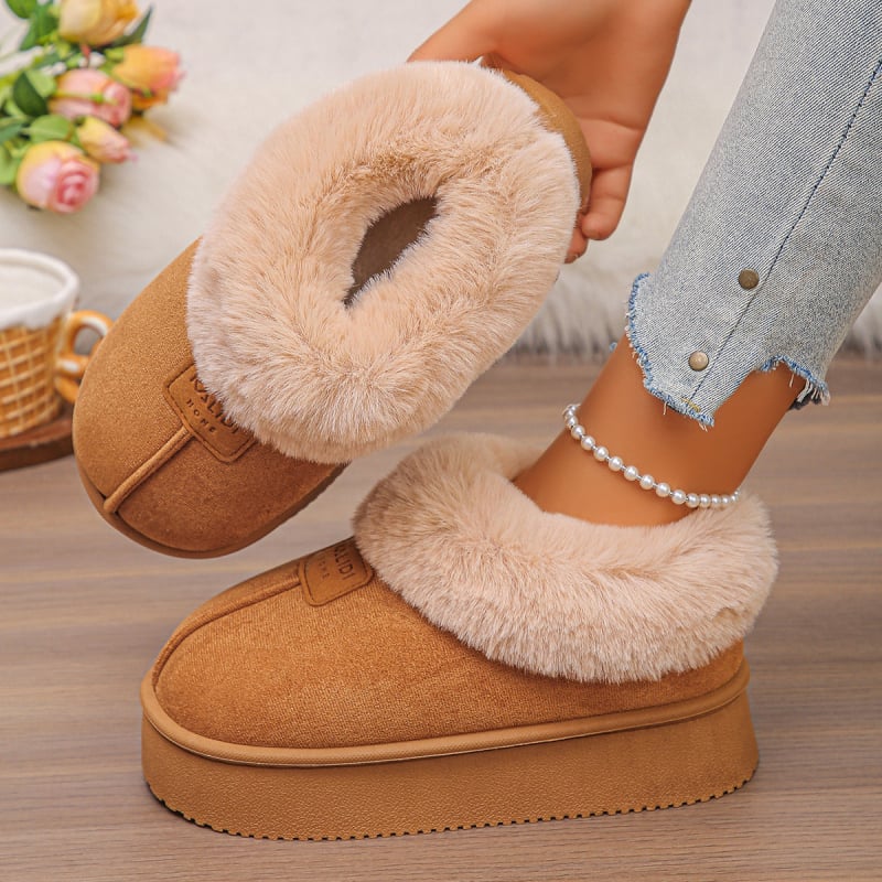 Дамски зимни памучни ботуши, високи, горна част с интегриран пух, гумена подметка, вътрешна облицовка от изкуствен къс плюш, среден ток