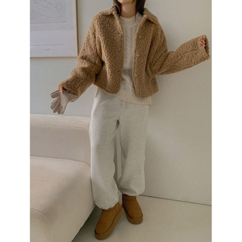 Trumpa moterų striukė iš dirbtinės avies vilnos, Korėjos stilius, vienos spalvos raštas, lotos lapos apykaklė, 3/4 rankovės, užsegama vienu mygtuku