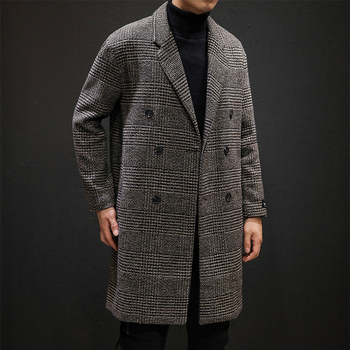 Muški karirani trench kaput, hongkoški stil, široki kroj, vunena tkanina s 60% pamuka, dvostruki kopčanje