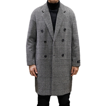 Muški karirani trench kaput, hongkoški stil, široki kroj, vunena tkanina s 60% pamuka, dvostruki kopčanje