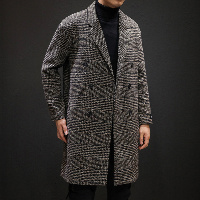 Muški karirani trench kaput, hongkoški stil, široki kroj, vunena tkanina s 60% pamuka, dvostruki kopčanje