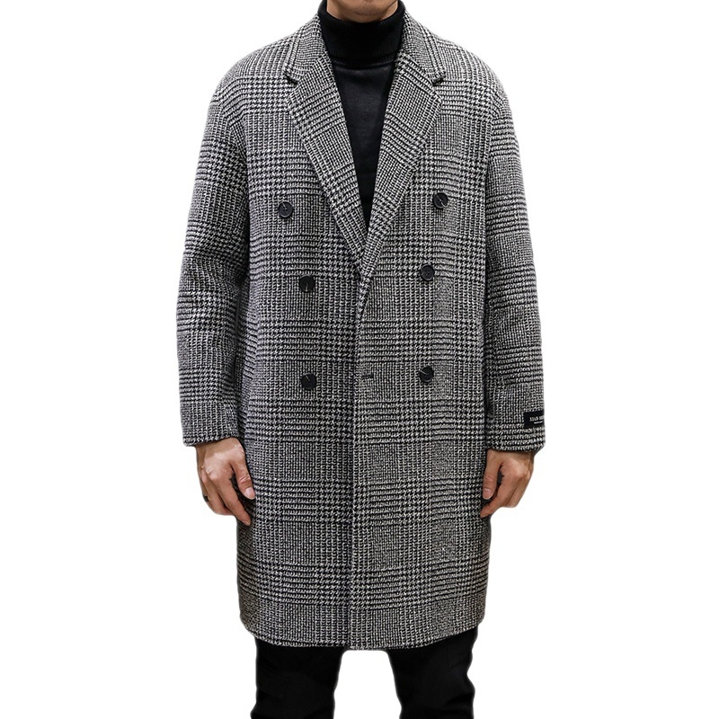 Muški karirani trench kaput, hongkoški stil, široki kroj, vunena tkanina s 60% pamuka, dvostruki kopčanje