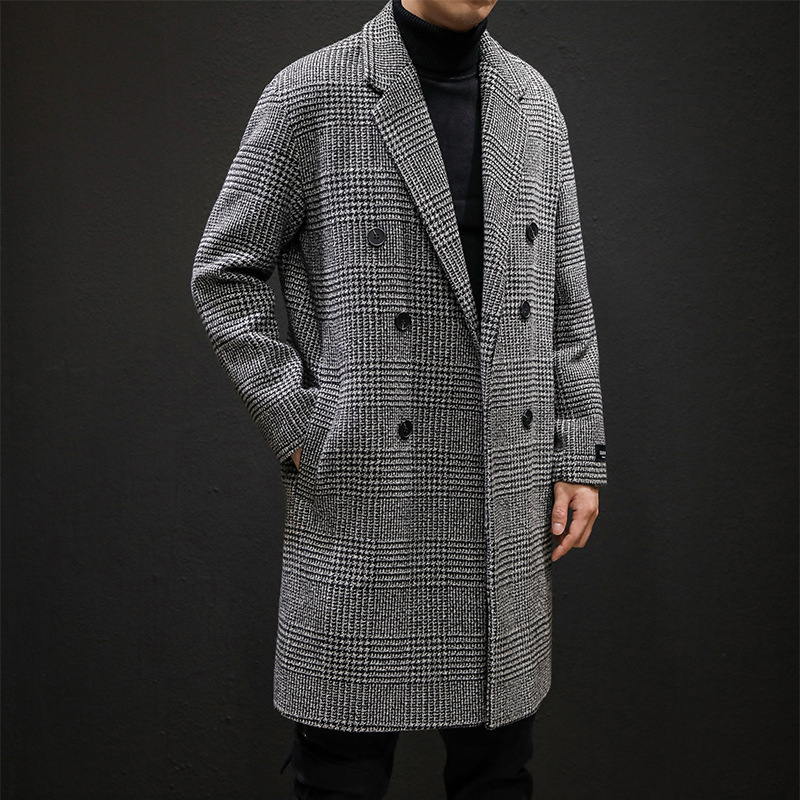 Muški karirani trench kaput, hongkoški stil, široki kroj, vunena tkanina s 60% pamuka, dvostruki kopčanje