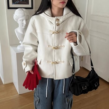 Női kapucnis chenille kabát elasztánnal, koreai–japán laza stílus, egygombos zárás