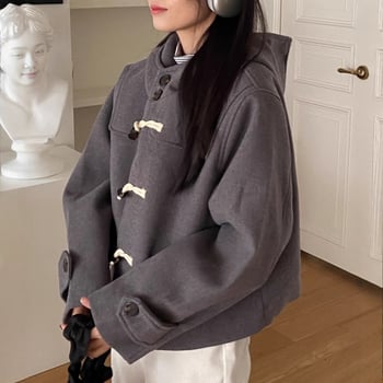 Női kapucnis chenille kabát elasztánnal, koreai–japán laza stílus, egygombos zárás