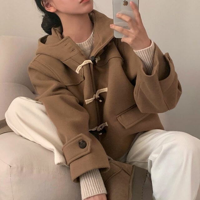Női kapucnis chenille kabát elasztánnal, koreai–japán laza stílus, egygombos zárás