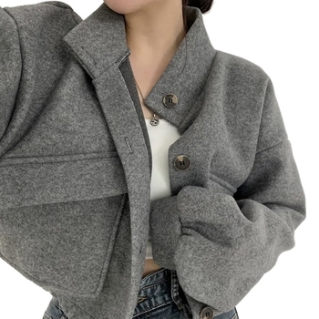 Női vegyes anyagból készült külső kabát, koreai casual stílus, álló gallér, laza szabás, hosszú ujjú, normál hossz