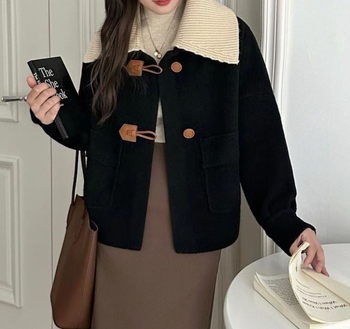 Női chenille rövid kabát levehető gallérral, dupla gallér, 3/4 hosszú ujjú, téli szezon 2025