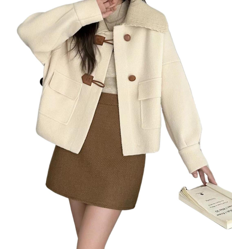 Női chenille rövid kabát levehető gallérral, dupla gallér, 3/4 hosszú ujjú, téli szezon 2025