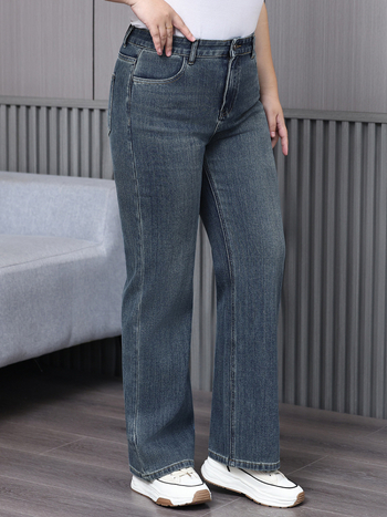 Jeanși din denim pentru femei, talie înaltă, croială wide-leg, finisaj spălat nisipos, amestec bumbac-poliester