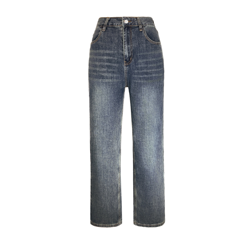 Jeanși din denim pentru femei, talie înaltă, croială wide-leg, finisaj spălat nisipos, amestec bumbac-poliester