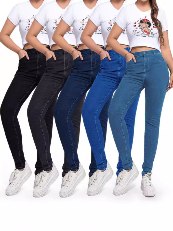 Jean cu talie înaltă, croială strânsă, denim cu bumbac-spandex, elasticitate mare, stil urban