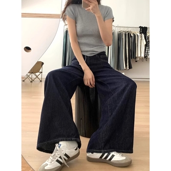 Jeans din denim pentru femei, siluetă în formă de pară, talie înaltă, croială largă, micro-elastic, țesătură groasă — Toamnă 2024