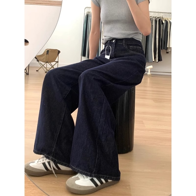 Jeans din denim pentru femei, siluetă în formă de pară, talie înaltă, croială largă, micro-elastic, țesătură groasă — Toamnă 2024