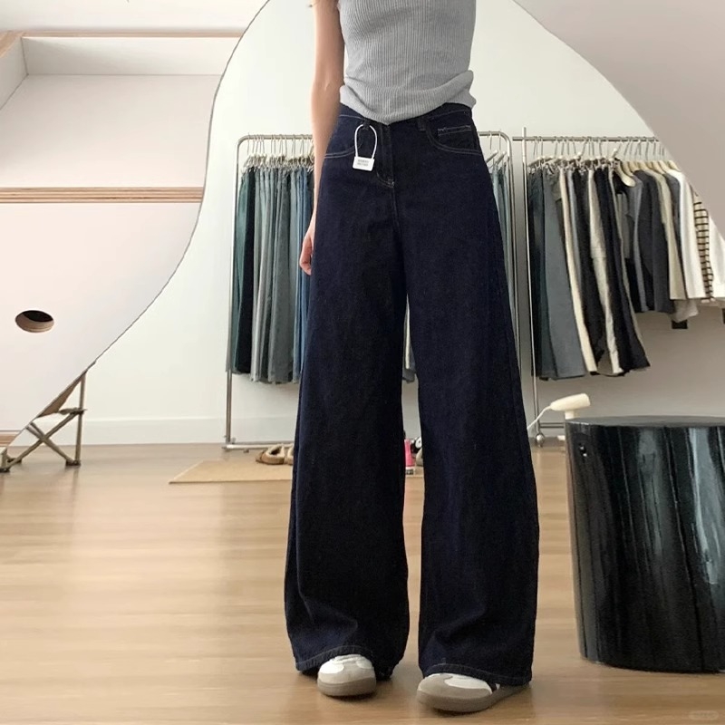 Jeans din denim pentru femei, siluetă în formă de pară, talie înaltă, croială largă, micro-elastic, țesătură groasă — Toamnă 2024