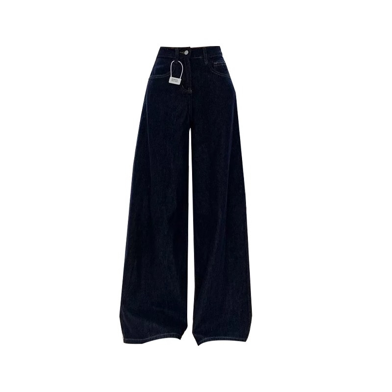 Jeans din denim pentru femei, siluetă în formă de pară, talie înaltă, croială largă, micro-elastic, țesătură groasă — Toamnă 2024