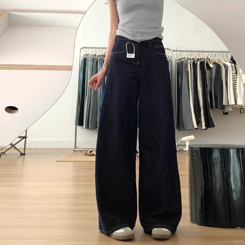 Jeans din denim pentru femei, siluetă în formă de pară, talie înaltă, croială largă, micro-elastic, țesătură groasă — Toamnă 2024