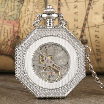 Механичен джобен часовник с осмоъгълен циферблат и романски цифри, световно време, декоративен дизайн, прозрачен гръб, корпус от цинков сплав