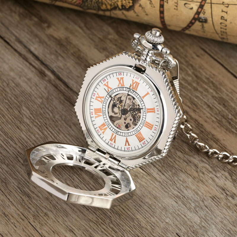 Механичен джобен часовник с осмоъгълен циферблат и романски цифри, световно време, декоративен дизайн, прозрачен гръб, корпус от цинков сплав