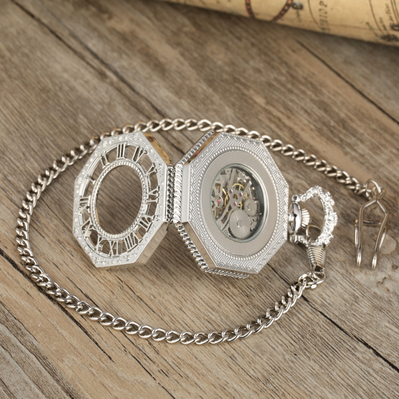 Механичен джобен часовник с осмоъгълен циферблат и романски цифри, световно време, декоративен дизайн, прозрачен гръб, корпус от цинков сплав