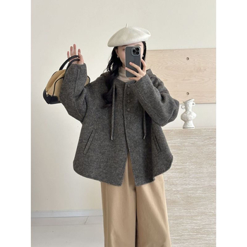 Hooded short cocoon paltas iš chenille su elastanu, japoniško/korėjiško laisvalaikio stilius, ilgis 40–50 cm, 3/4 rankovės