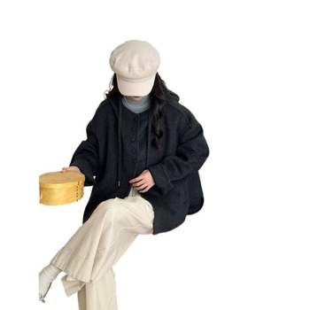 Hooded short cocoon paltas iš chenille su elastanu, japoniško/korėjiško laisvalaikio stilius, ilgis 40–50 cm, 3/4 rankovės