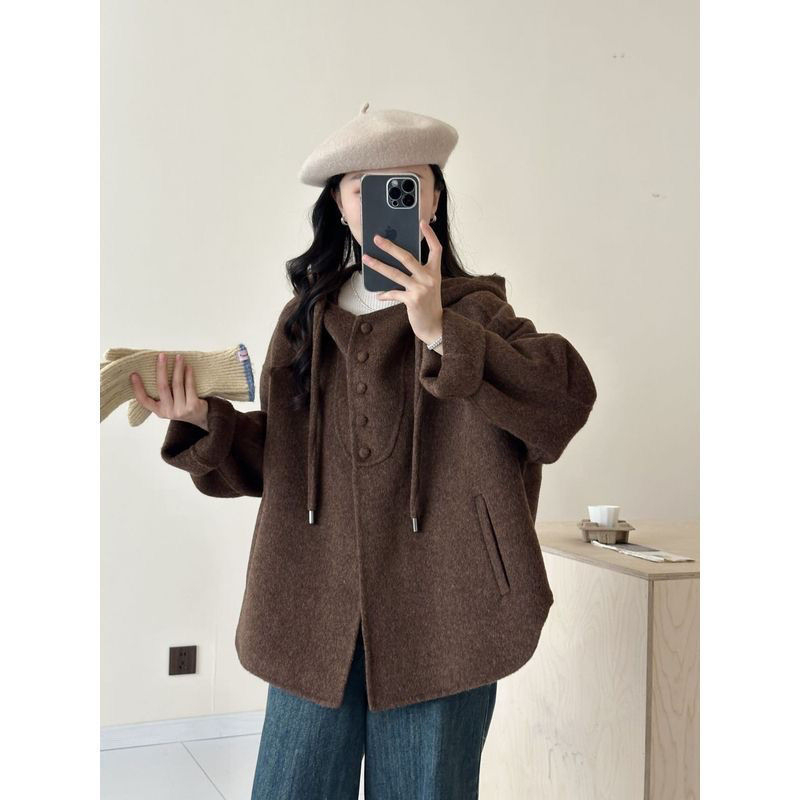 Hooded short cocoon paltas iš chenille su elastanu, japoniško/korėjiško laisvalaikio stilius, ilgis 40–50 cm, 3/4 rankovės